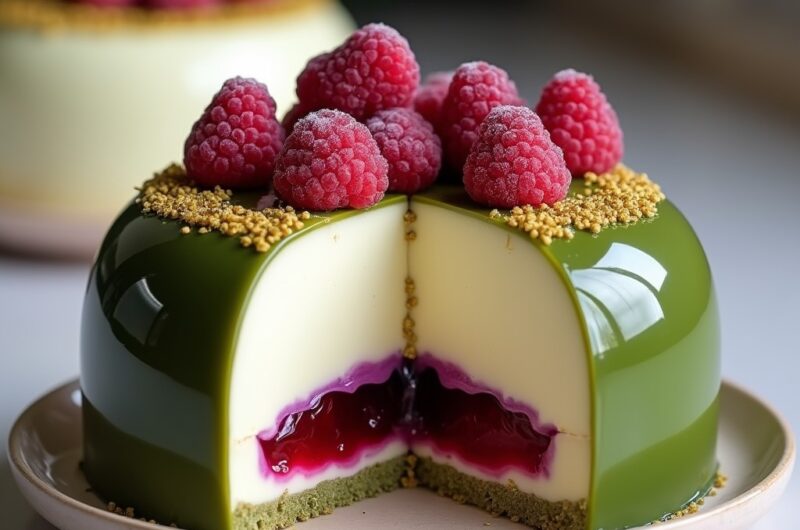 No-Bake Matcha Raspberry Dome Cake